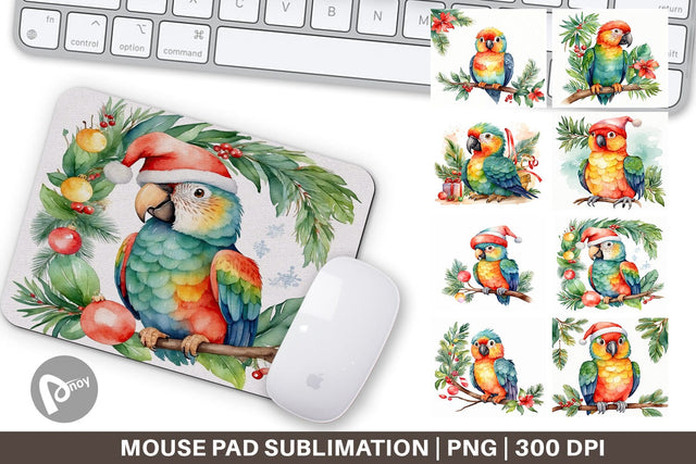 Mouse Pad Watercolor Christmas Parrot Sublimation artnoy 