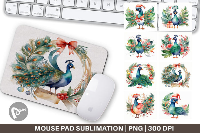 Mouse Pad Watercolor Christmas Peacock Sublimation artnoy 