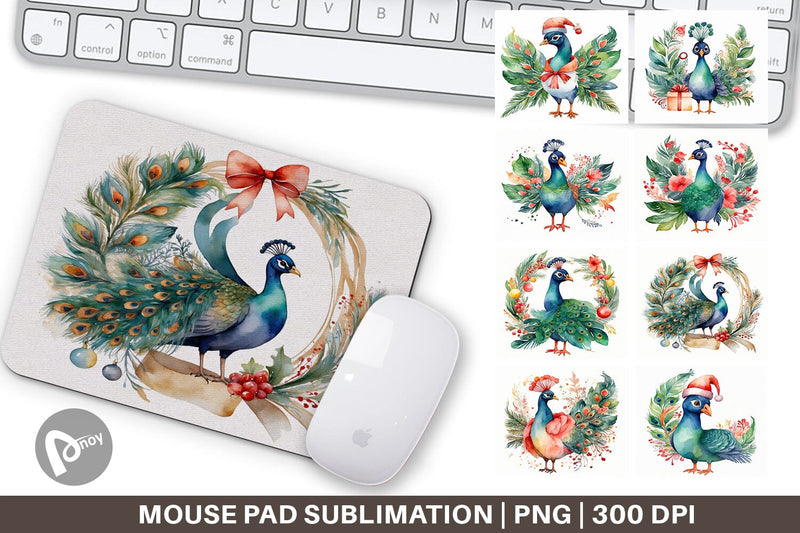 Mouse Pad Watercolor Christmas Peacock Sublimation artnoy 