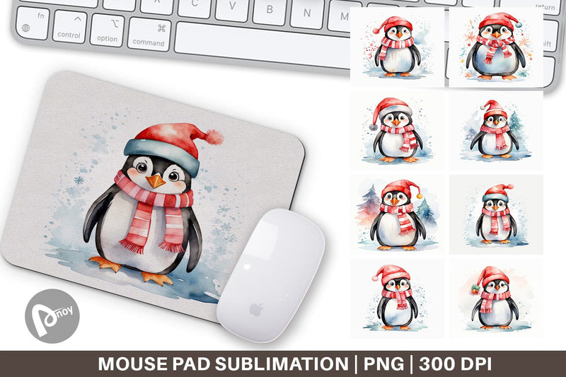 Mouse Pad Watercolor Christmas Penguin Sublimation artnoy 