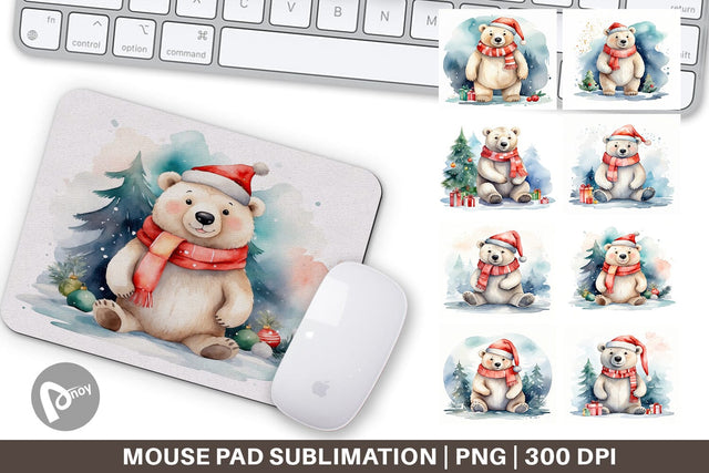 Mouse Pad Watercolor Christmas Polar Bear Sublimation artnoy 