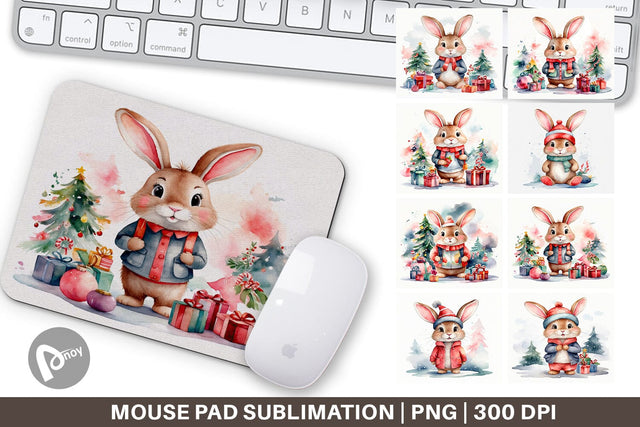 Mouse Pad Watercolor Christmas Rabbit Sublimation artnoy 