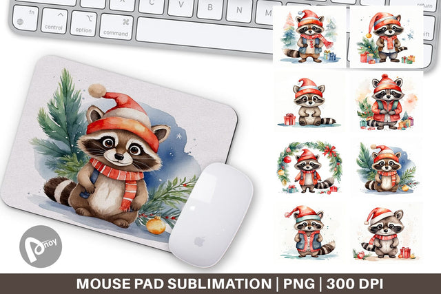 Mouse Pad Watercolor Christmas Raccoon Sublimation artnoy 