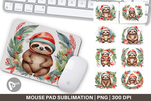 Mouse Pad Watercolor Christmas sloth Sublimation artnoy 