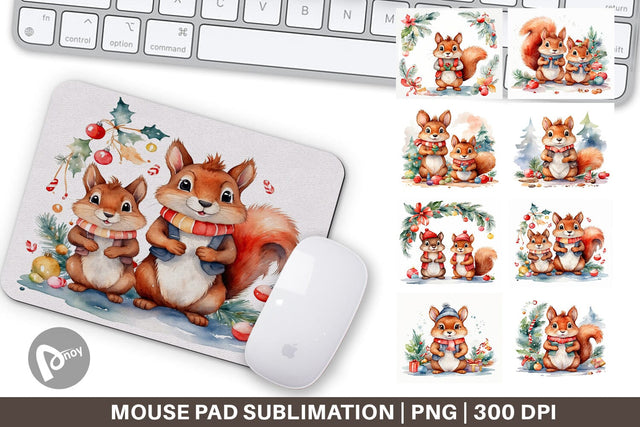 Mouse Pad Watercolor Christmas Squirrel Sublimation artnoy 