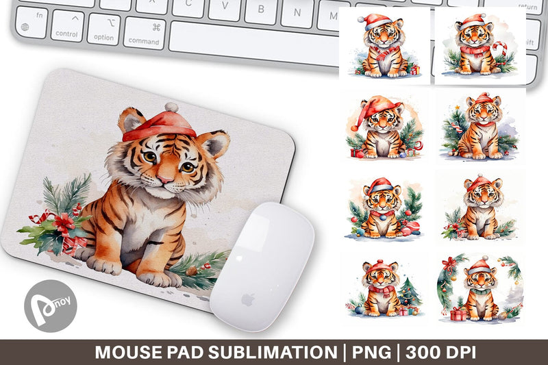 Mouse Pad Watercolor Christmas Tiger Sublimation artnoy 