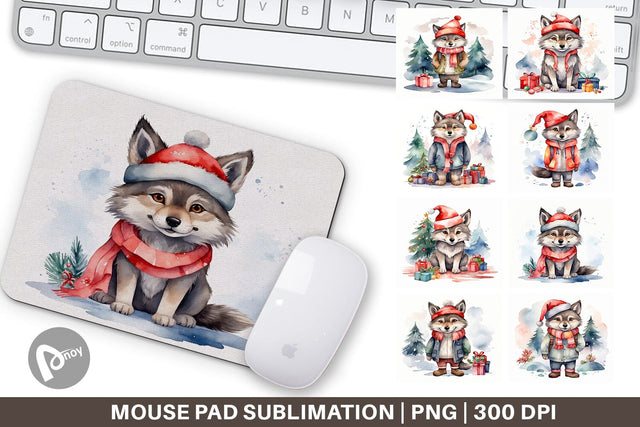 Mouse Pad Watercolor Christmas Wolf Sublimation artnoy 