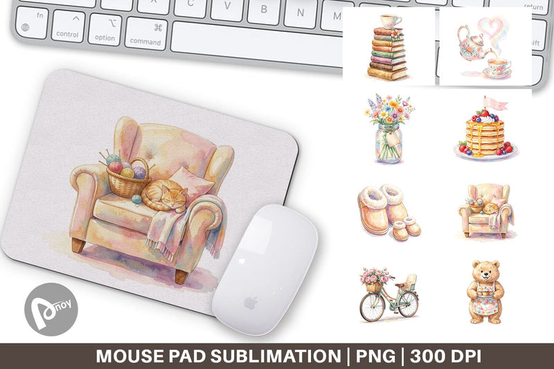 Mouse Pad Watercolor Cozy Tea Time Mom Lifestyle Sublimation artnoy 