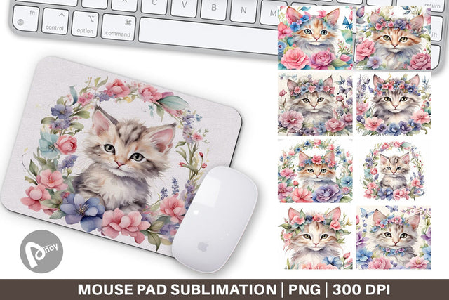 Mouse Pad Watercolor Floral Cat Sublimation artnoy 
