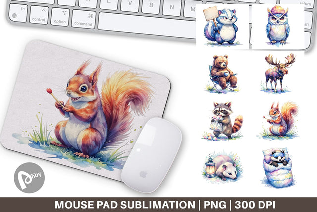Mouse Pad Watercolor Grumpy Camping Animals Sublimation artnoy 
