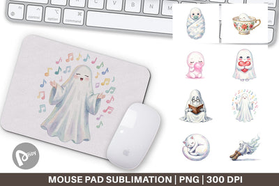 Mouse Pad Watercolor Kawaii Pastel Sleepy Ghost Sublimation artnoy 