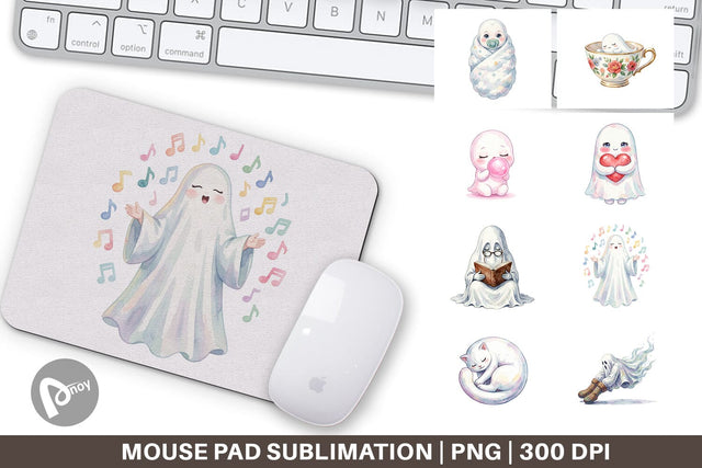Mouse Pad Watercolor Kawaii Pastel Sleepy Ghost Sublimation artnoy 