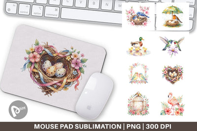 Mouse Pad Watercolor Mama Bird And Floral Nest Art Sublimation artnoy 