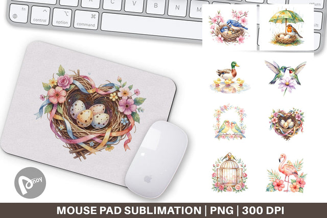 Mouse Pad Watercolor Mama Bird And Floral Nest Art Sublimation artnoy 