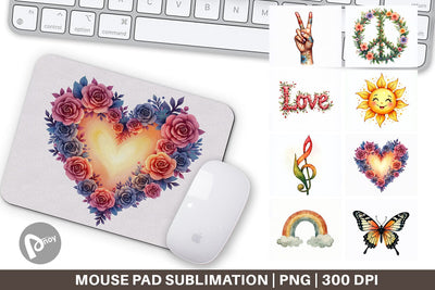 Mouse Pad Watercolor Peace & Petals 70s Symbols & Icons Sublimation artnoy 