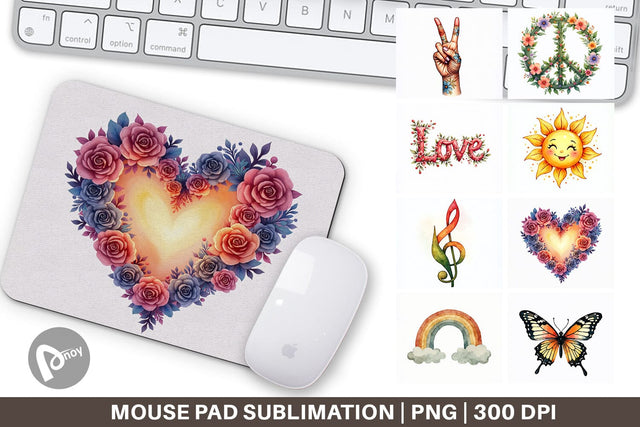 Mouse Pad Watercolor Peace & Petals 70s Symbols & Icons Sublimation artnoy 