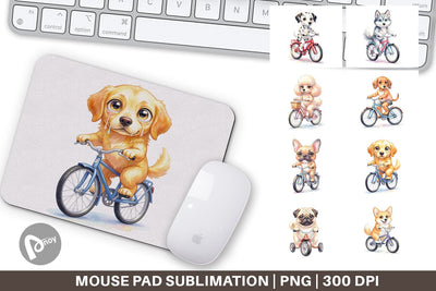 Mouse Pad Watercolor Puppy Eye Dogs on Bicycle Sublimation artnoy 