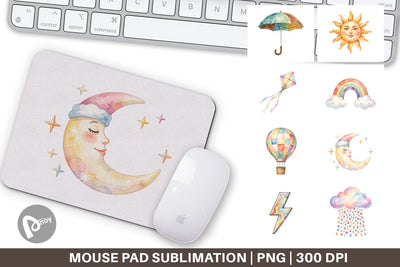 Mouse Pad Watercolor Retro 70s Sun And Celestial Sublimation artnoy 