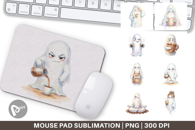 Mouse Pad Watercolor Sarcastic Morning Coffee Ghost Sublimation artnoy 