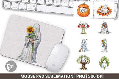 Mouse Pad Watercolor Sleepy Autumn Pumpkin Ghost Sublimation artnoy 