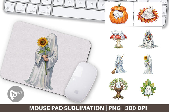 Mouse Pad Watercolor Sleepy Autumn Pumpkin Ghost Sublimation artnoy 