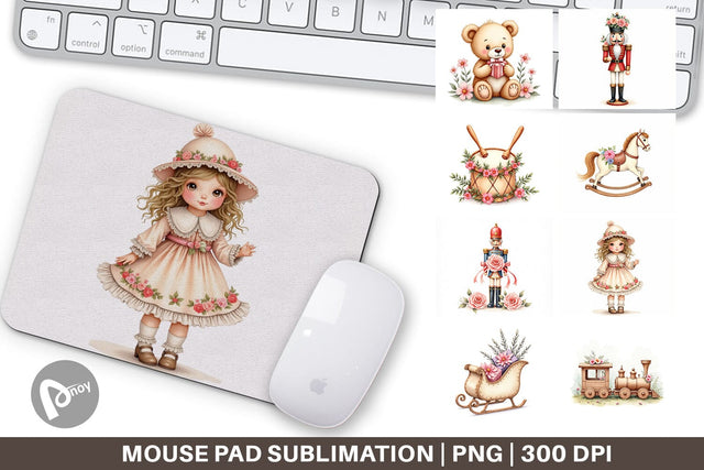 Mouse Pad Watercolor Vintage Christmas Toys Sublimation artnoy 