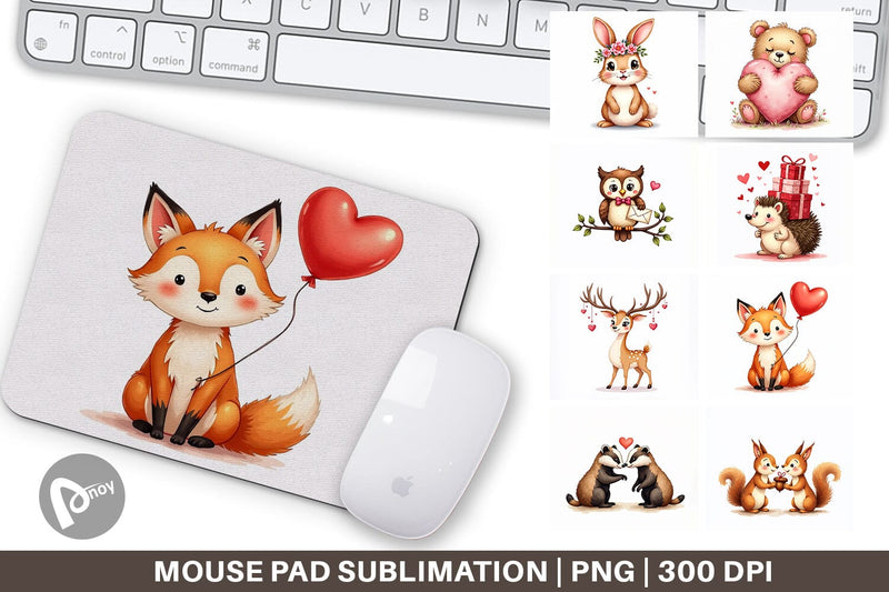 Mouse Pad Whimsical Woodland Valentine Watercolor Sublimation artnoy 