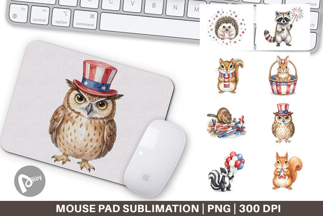 Mouse Pad Woodland Patriotic Animals Watercolor Sublimation artnoy 