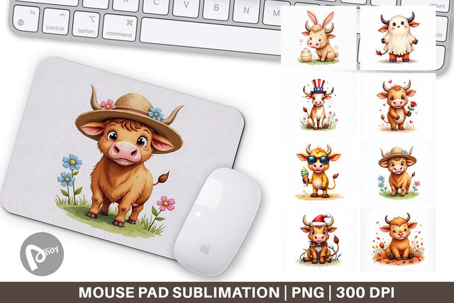 Mouse Pad Year-Round UglyCute Highland Cow Seasonal Watercolor Sublimation artnoy 