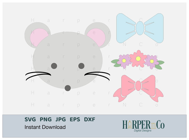 Mouse with Bows and Flowers SVG PNG Cut EPS File SVG HarperNCo 