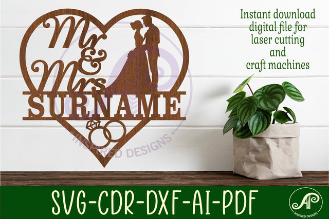 Mr and Mrs bride and groom heart Wedding personalized sign SVG APInspireddesigns 