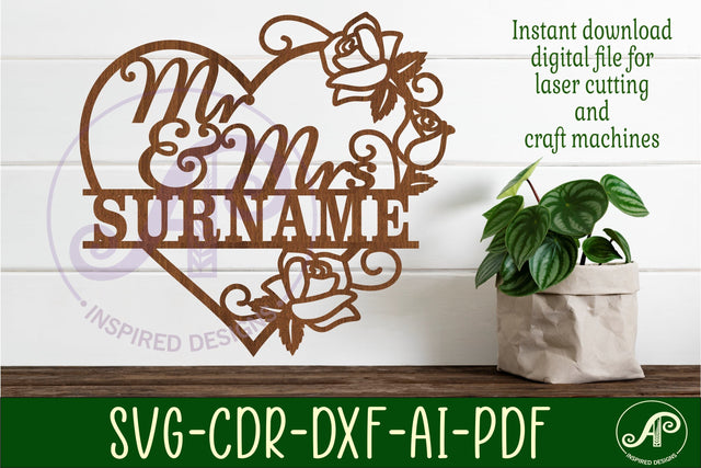 Mr and Mrs Floral rose heart Wedding personalized sign svg SVG APInspireddesigns 