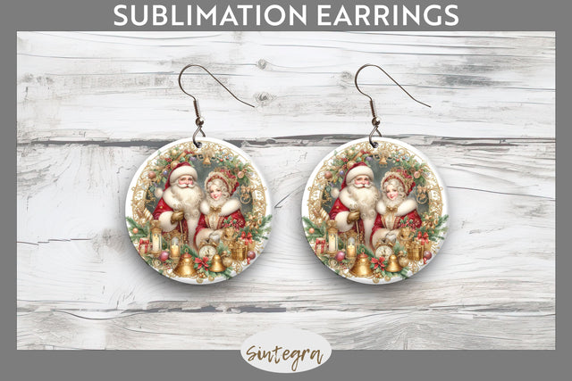 Mr and Mrs Santa Claus Christmas Round Earrings Sublimation Sublimation Sintegra 