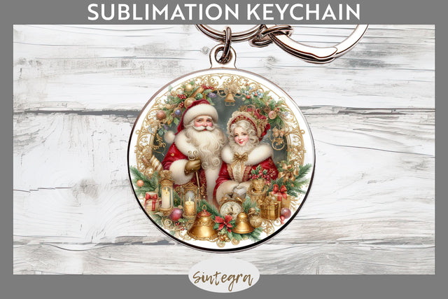 Mr and Mrs Santa Claus Christmas Round Keychain Sublimation Sublimation Sintegra 