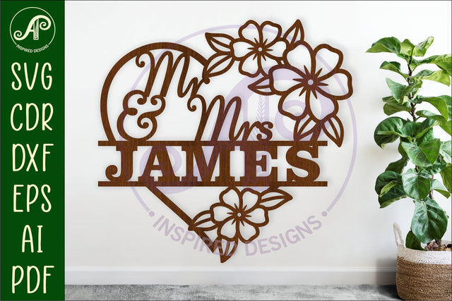 Mr and Mrs wedding floral heart name sign SVG APInspireddesigns 