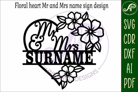 Mr and Mrs wedding floral heart name sign SVG APInspireddesigns 