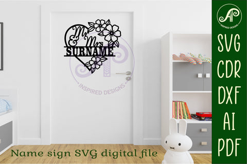 Mr and Mrs wedding floral heart name sign SVG APInspireddesigns 