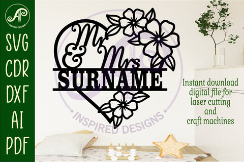 Mr and Mrs wedding floral heart name sign SVG APInspireddesigns 