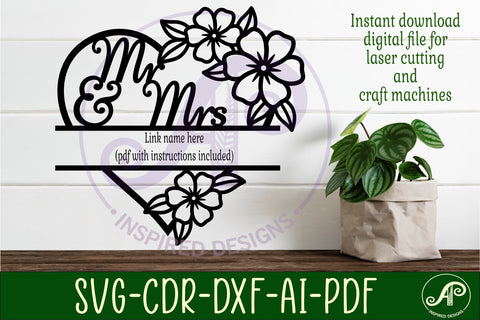 Mr and Mrs wedding floral heart name sign SVG APInspireddesigns 