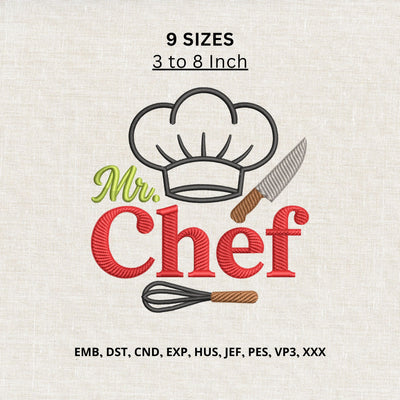 Mr Chef Machine Embroidery Design – Chef Hat Knife Whisk Embroidery File, Cooking Kitchen Design Embroidery/Applique DESIGNS PatternFeed8 