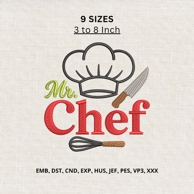 Mr Chef Machine Embroidery Design – Chef Hat Knife Whisk Embroidery File, Cooking Kitchen Design Embroidery/Applique DESIGNS PatternFeed8 