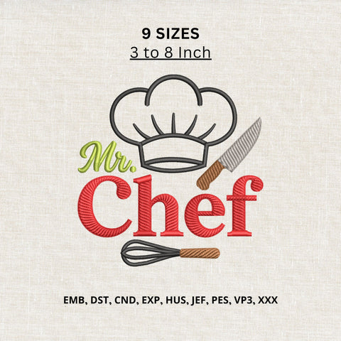 Mr Chef Machine Embroidery Design – Chef Hat Knife Whisk Embroidery File, Cooking Kitchen Design Embroidery/Applique DESIGNS PatternFeed8 