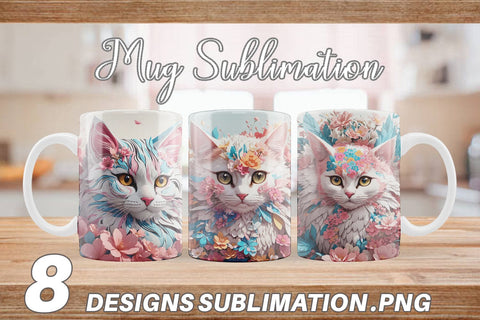 Mug Wrap 3D Cat with Flower Fantasy Sublimation artnoy 