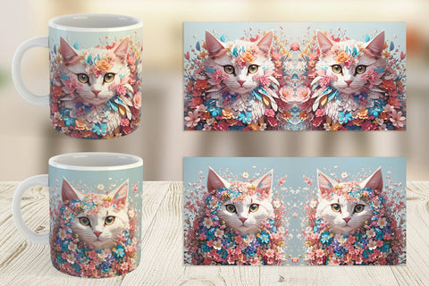 Mug Wrap 3D Cat with Flower Fantasy Sublimation artnoy 
