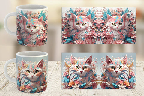 Mug Wrap 3D Cat with Flower Fantasy Sublimation artnoy 