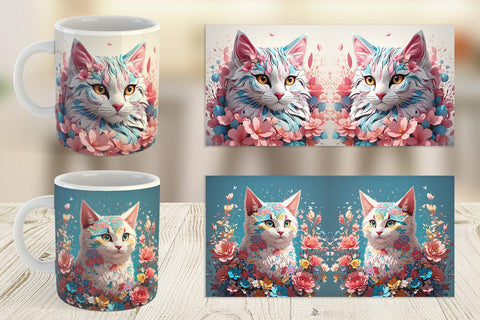 Mug Wrap 3D Cat with Flower Fantasy Sublimation artnoy 