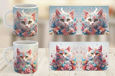 Mug Wrap 3D Cat with Flower Fantasy Sublimation artnoy 