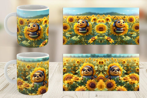 Mug Wrap 3D Cute Bee Sunflowers Sublimation artnoy 
