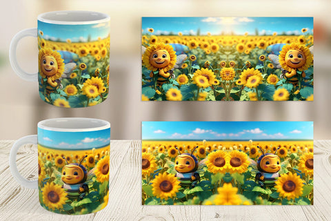Mug Wrap 3D Cute Bee Sunflowers Sublimation artnoy 