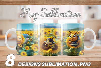 Mug Wrap 3D Cute Bee Sunflowers Sublimation artnoy 